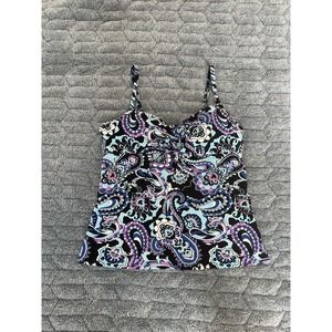 Lands End Purple Paisley Tankini Swim Top Underwire Bra Women's Size 8